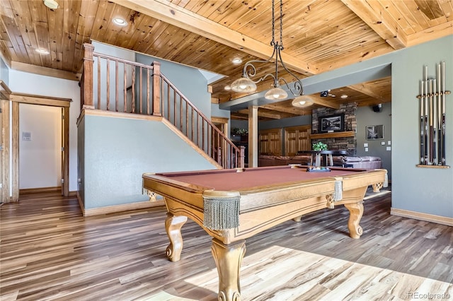 9659 S Turkey Creek Rd, Morrison, CO 80465 - game room with baseboards, wood finished floors, wood ceiling with exposed beams, billiards, and recessed lighting