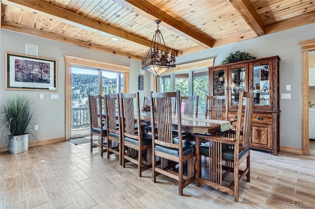 9659 S Turkey Creek Rd, Morrison, CO 80465 - dining room with baseboards, wooden ceiling with exposed beams, healthy amount of natural light, a chandelier, and wood finish floors
