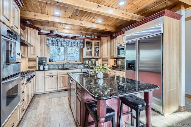 9659 S Turkey Creek Rd, Morrison, CO 80465 - kitchen with built in appliances, a sink, wood ceiling with exposed beams, backsplash, and recessed lighting