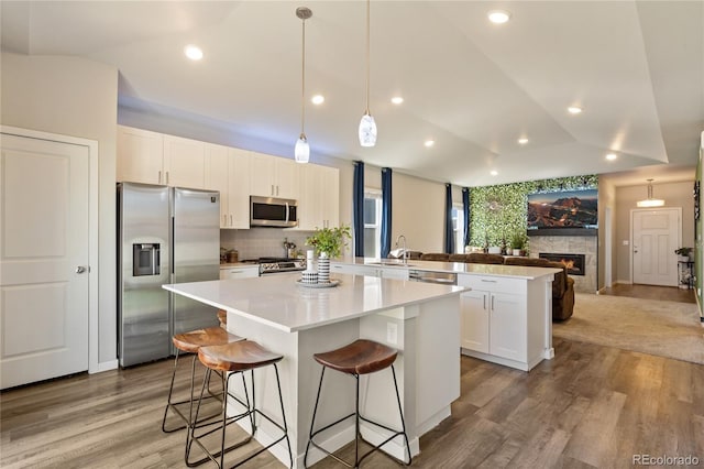 254 Gila Trl, Ault, CO 80610 - kitchen with stainless steel appliances, a peninsula, a sink, a lit fireplace, and open floor plan