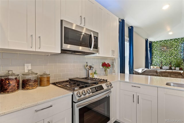 254 Gila Trl, Ault, CO 80610 - kitchen with stainless steel appliances, white cabinetry, light stone countertops, and tasteful backsplash