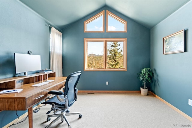 597 Pine Glade Rd, Nederland, CO 80466 - office area featuring carpet, vaulted ceiling, and baseboards