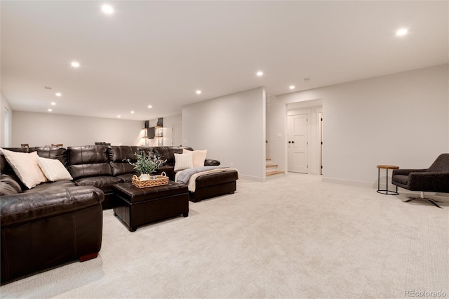 4711 S Logan St, Englewood, CO 80113 - living area with recessed lighting, stairs, light colored carpet, and baseboards