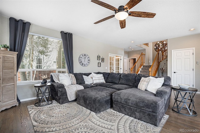 living room with ceiling fan, baseboards, stairway, recessed lighting, and wood finished floors