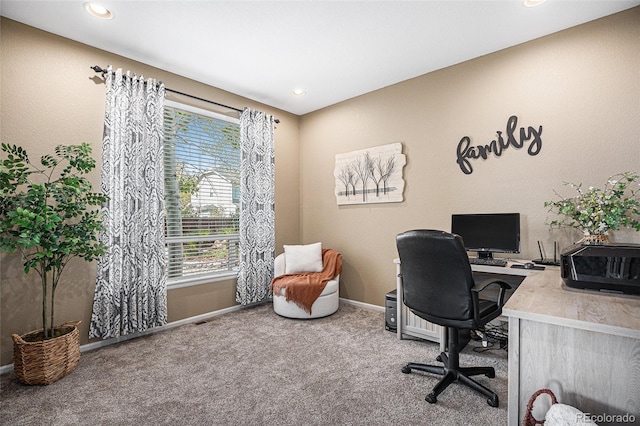 office area with recessed lighting, baseboards, and carpet floors