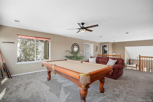 game room featuring billiards, a ceiling fan, carpet, visible vents, and baseboards