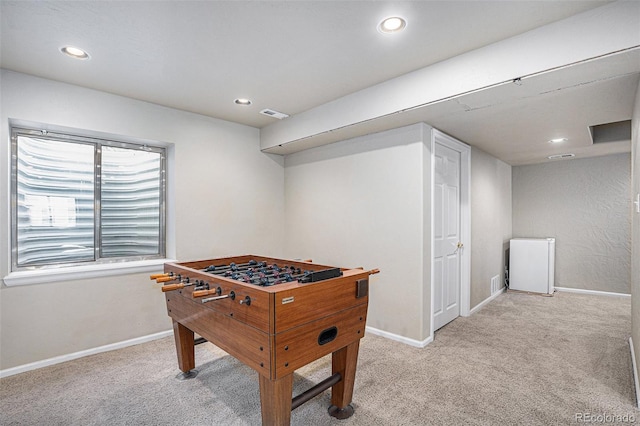 playroom with recessed lighting, baseboards, visible vents, and light carpet