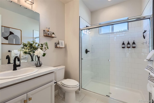 bathroom with vanity, toilet, and a stall shower