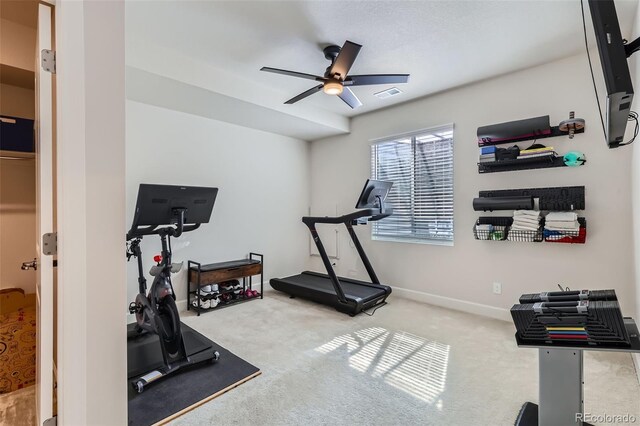 workout area with visible vents, baseboards, carpet, and ceiling fan