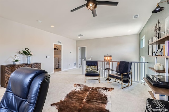 living area featuring visible vents, separate washer and dryer, carpet, and baseboards