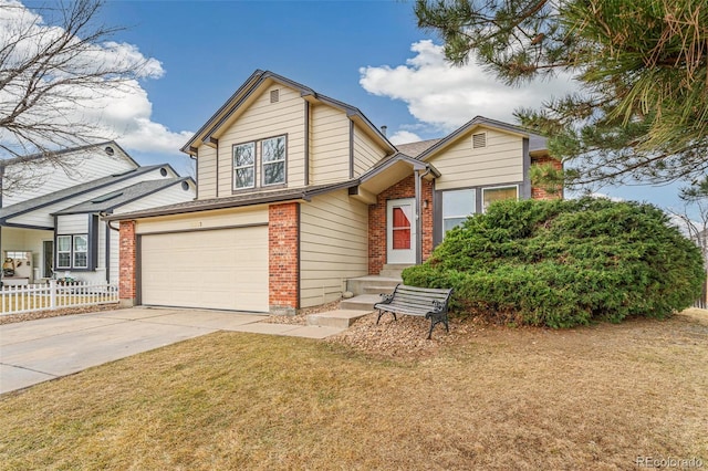 view of front of property with a garage, brick siding, fence, driveway, and a front yard