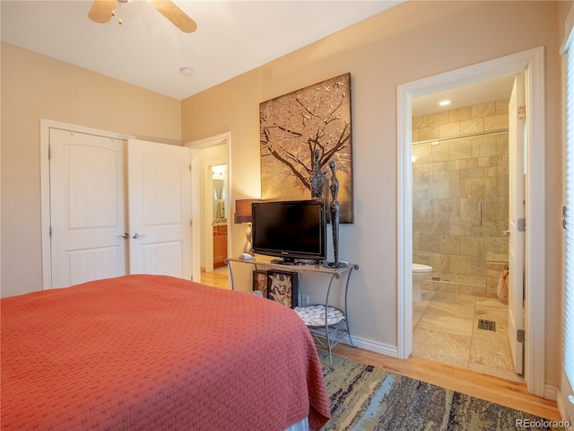 1033 H St, Salida, CO 81201 - bedroom featuring wood finished floors, ensuite bathroom, and a ceiling fan