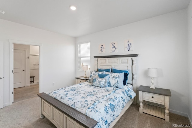 bedroom with recessed lighting, carpet flooring, and baseboards