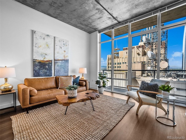 living room with a healthy amount of sunlight, wood-type flooring, and expansive windows