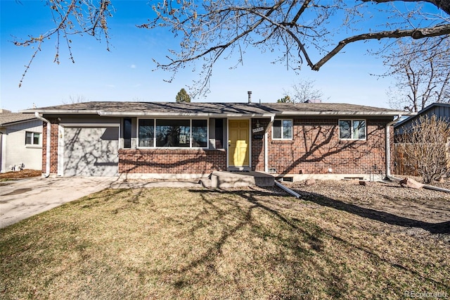 ranch-style house with a garage, brick siding, concrete driveway, and a front yard