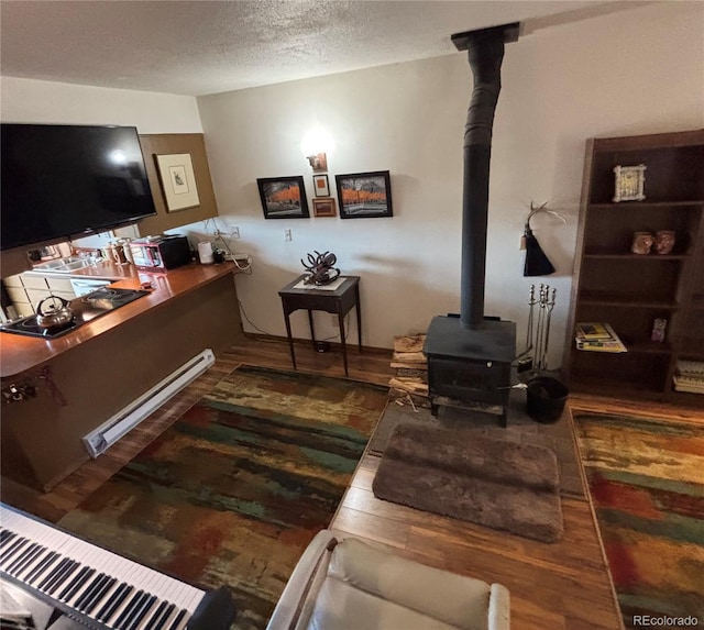 9 Granada Ct Unit 15, Westcliffe, CO 81252 - living area featuring a wood stove, wood finished floors, baseboard heating, and a textured ceiling