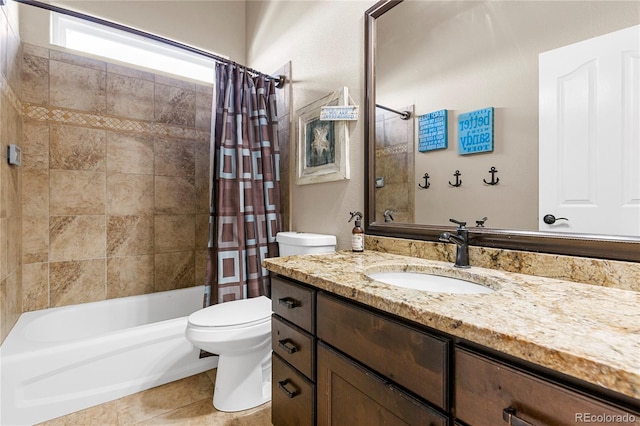 full bathroom with vanity, shower / bath combo, toilet, and tile patterned floors