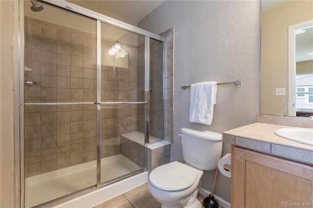 9760 Mayfair St Unit A, Englewood, CO 80112 - full bath featuring a stall shower, vanity, a textured wall, and tile patterned flooring