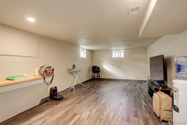 basement with hardwood / wood-style floors