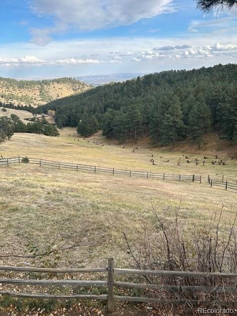 property view of mountains with a rural view and a view of trees