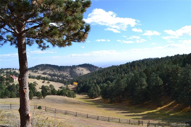 view of mountain feature with a rural view and a view of trees