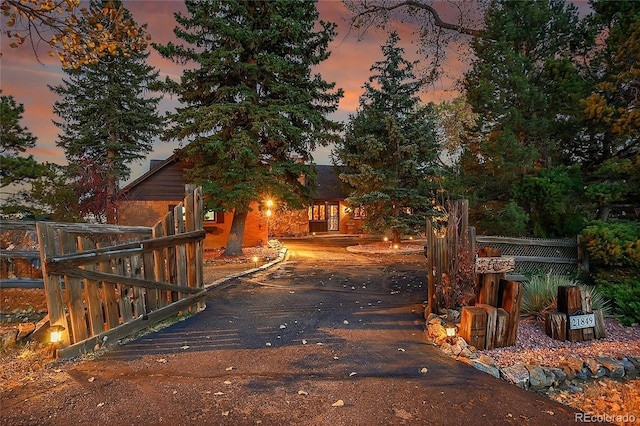 view of street featuring aphalt driveway and a gated entry