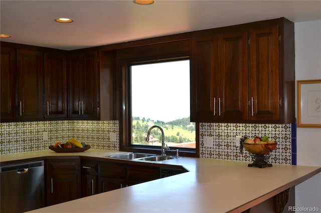21849 Cabrini Blvd, Golden, CO 80401 - kitchen with dishwasher, light countertops, decorative backsplash, recessed lighting, and dark brown cabinets