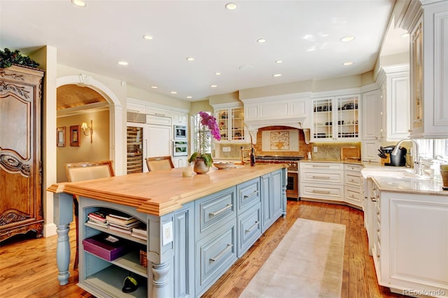 kitchen with white cabinets, blue cabinets, backsplash, an island with sink, and light wood-type flooring