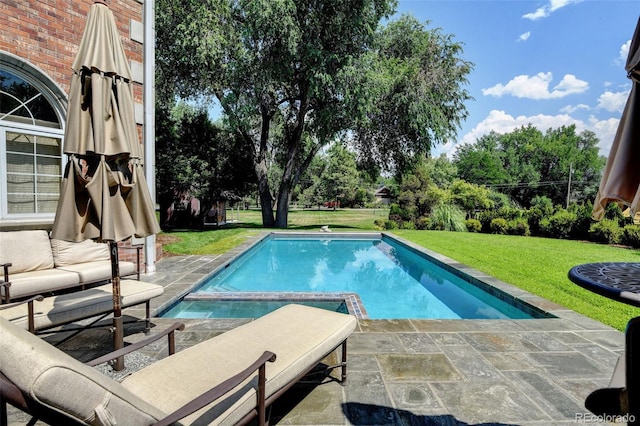 view of swimming pool with a patio and a yard