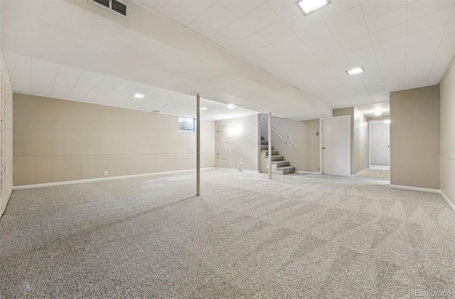 5436 E Atlantic Pl, Denver, CO 80222 - below grade area with carpet floors, stairs, baseboards, and recessed lighting