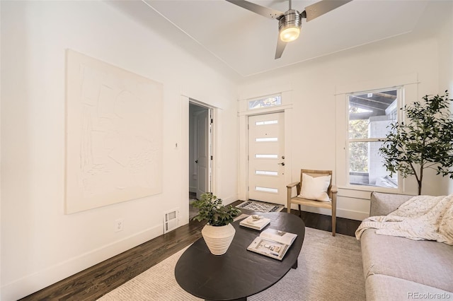 3521 Osage St, Denver, CO 80211 - living area with wood finished floors, baseboards, and a ceiling fan