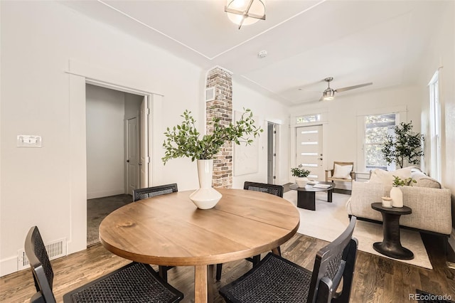 3521 Osage St, Denver, CO 80211 - dining room featuring wood finished floors, baseboards, and a ceiling fan