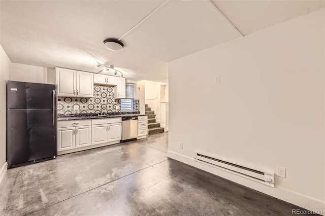 3521 Osage St, Denver, CO 80211 - kitchen featuring freestanding refrigerator, a baseboard radiator, dishwasher, dark countertops, and finished concrete flooring