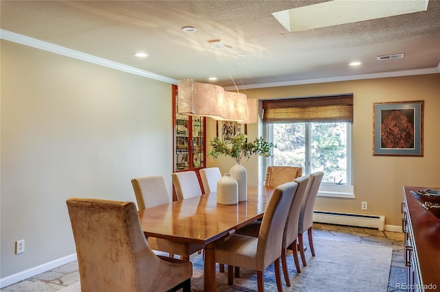 dining area with a baseboard radiator, baseboards, visible vents, and ornamental molding