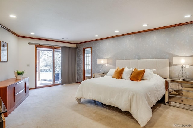 bedroom with recessed lighting, light carpet, ornamental molding, and access to outside