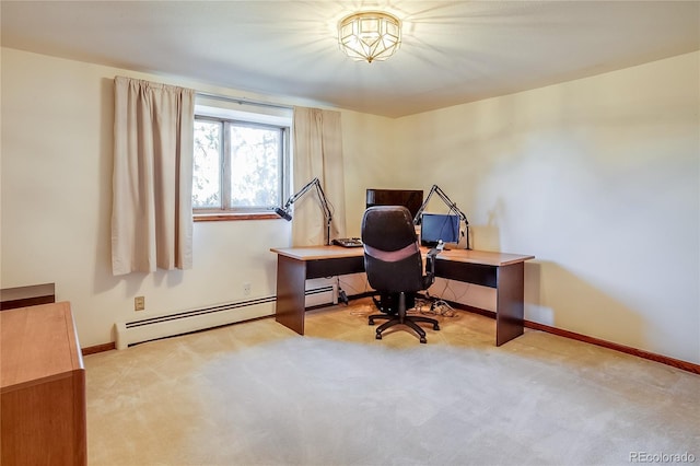 home office featuring baseboards, carpet floors, and a baseboard radiator