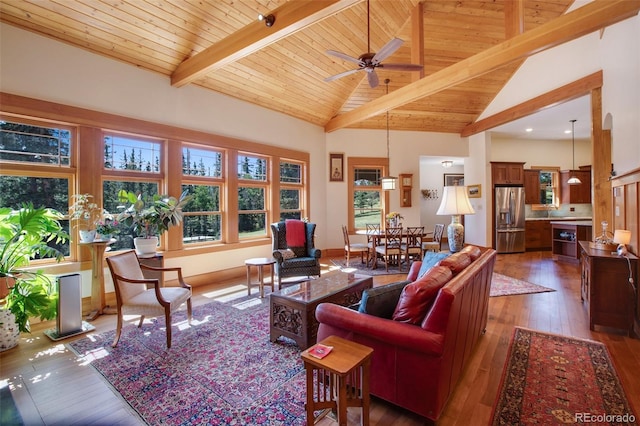 living room featuring ceiling fan, high vaulted ceiling, dark hardwood / wood-style flooring, wooden ceiling, and beamed ceiling