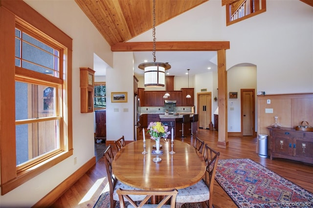 dining room featuring wood ceiling, wood-type flooring, and high vaulted ceiling