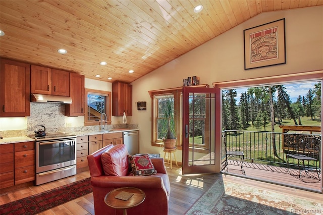 kitchen with sink, wood ceiling, light hardwood / wood-style flooring, appliances with stainless steel finishes, and backsplash