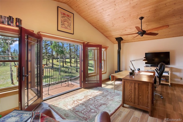 office area with lofted ceiling, light hardwood / wood-style flooring, wooden ceiling, and ceiling fan