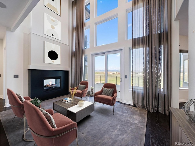 living room with a multi sided fireplace, dark wood-type flooring, and a towering ceiling