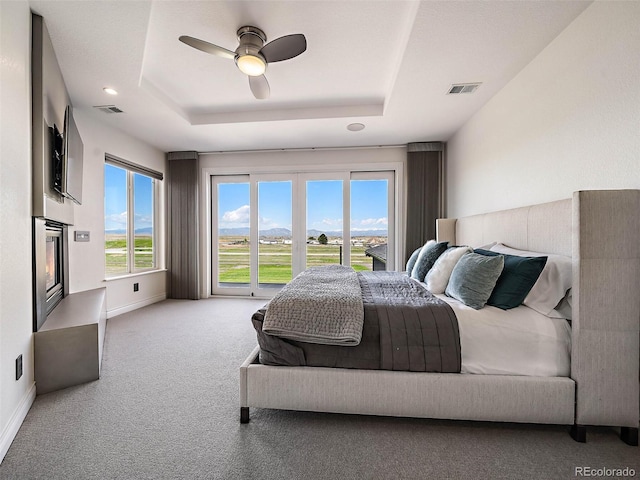 bedroom with ceiling fan, carpet flooring, and a raised ceiling