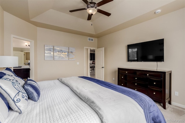 10653 E 163rd Ct, Brighton, CO 80602 - bedroom featuring a raised ceiling, carpet, a ceiling fan, and baseboards