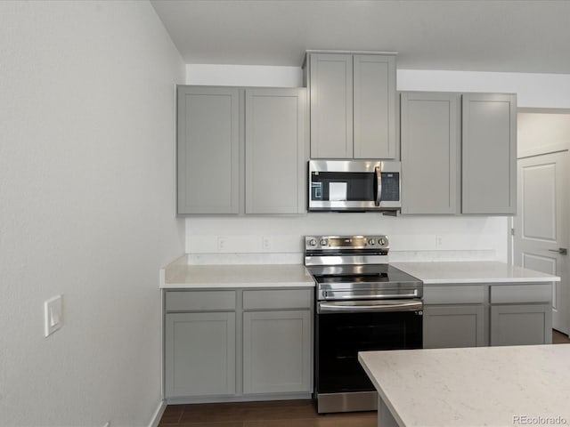 kitchen with gray cabinetry, dark wood-type flooring, and appliances with stainless steel finishes