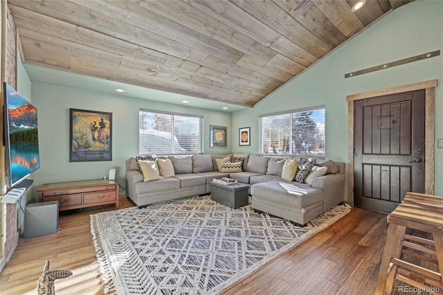 living room featuring wooden ceiling, wood-type flooring, recessed lighting, and lofted ceiling
