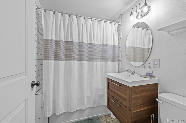 full bathroom featuring vanity, shower / bath combination with curtain, and toilet