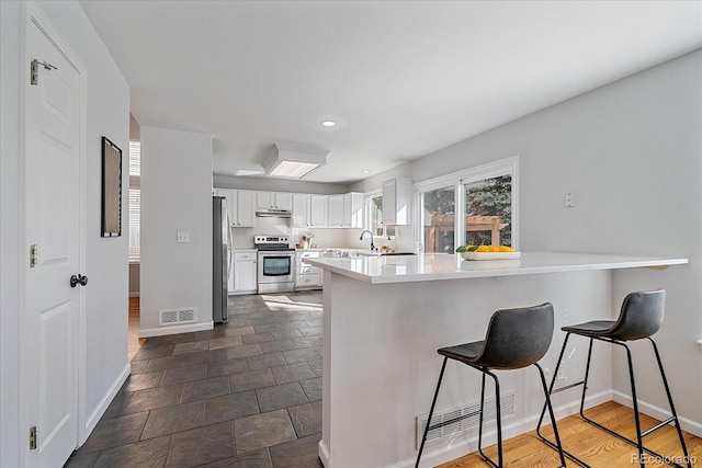 kitchen with visible vents, appliances with stainless steel finishes, white cabinets, a peninsula, and under cabinet range hood