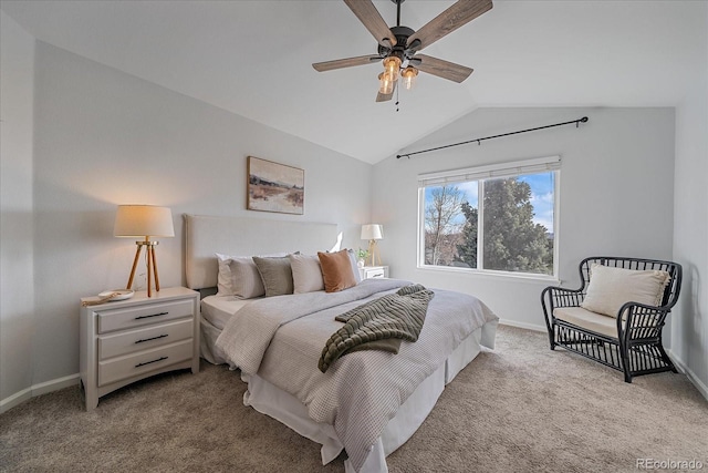 carpeted bedroom featuring lofted ceiling, ceiling fan, and baseboards