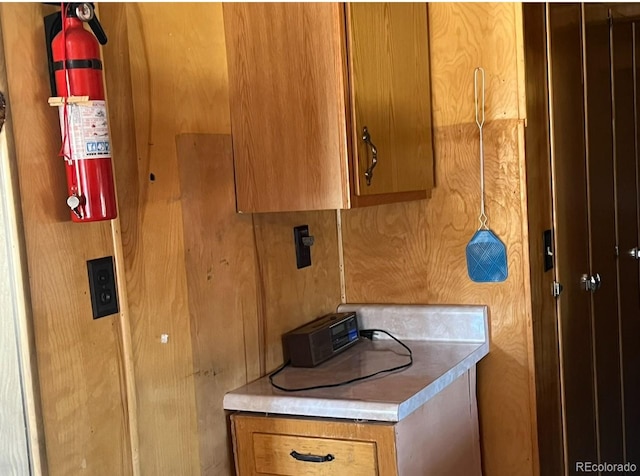 bathroom with wood walls