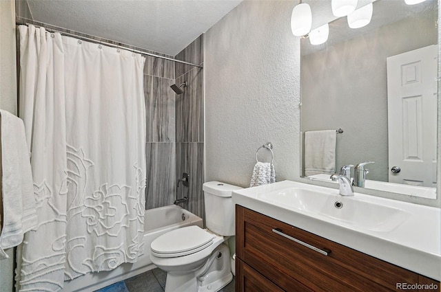 6655 S Elm Cir, Centennial, CO 80121 - bathroom with a textured wall, shower / bathtub combination with curtain, toilet, vanity, and a textured ceiling